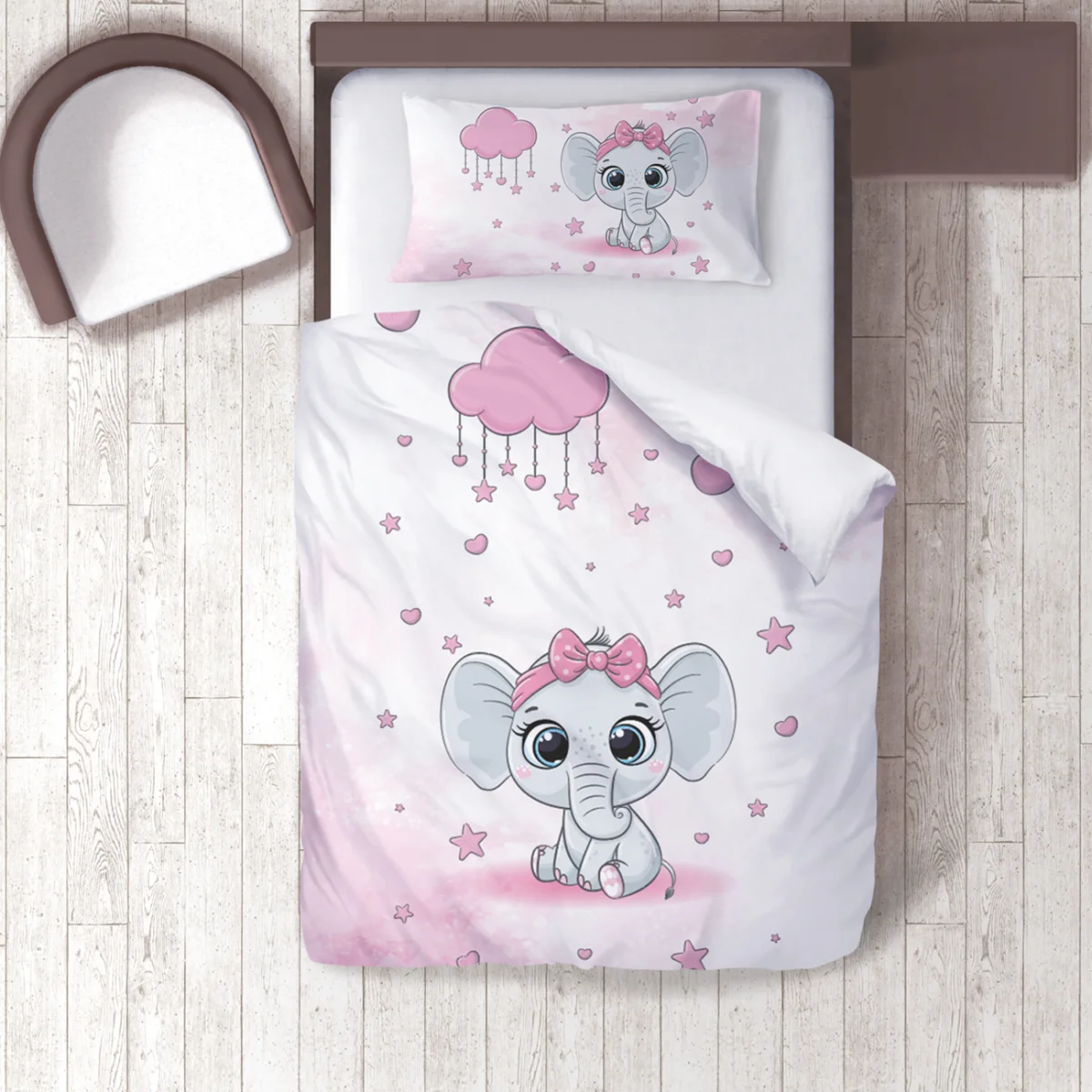 Fil Nevresim Takımı | Pembe yıldız, bulut Desenli