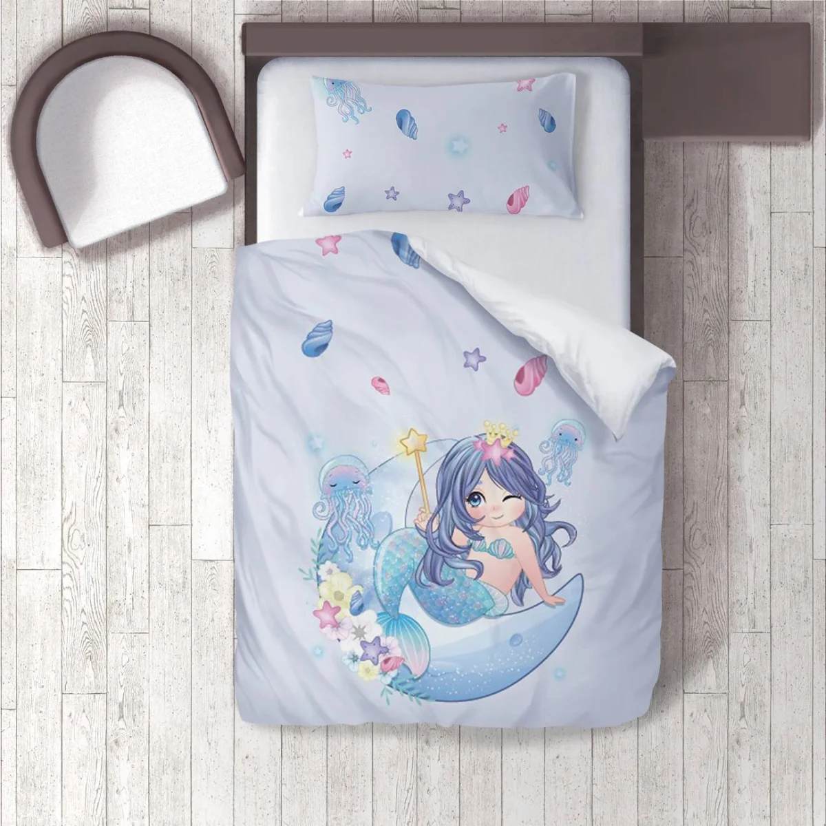 Deniz Kızı Nevresim Takımı | Açık Mavi yıldız, deniz kabuğu Desenli