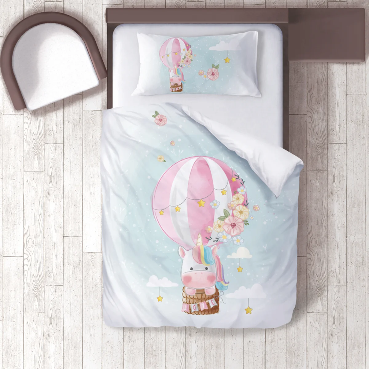 Unicorn Nevresim Takımı | Mavi sıcak hava balonu, bulut Desenli