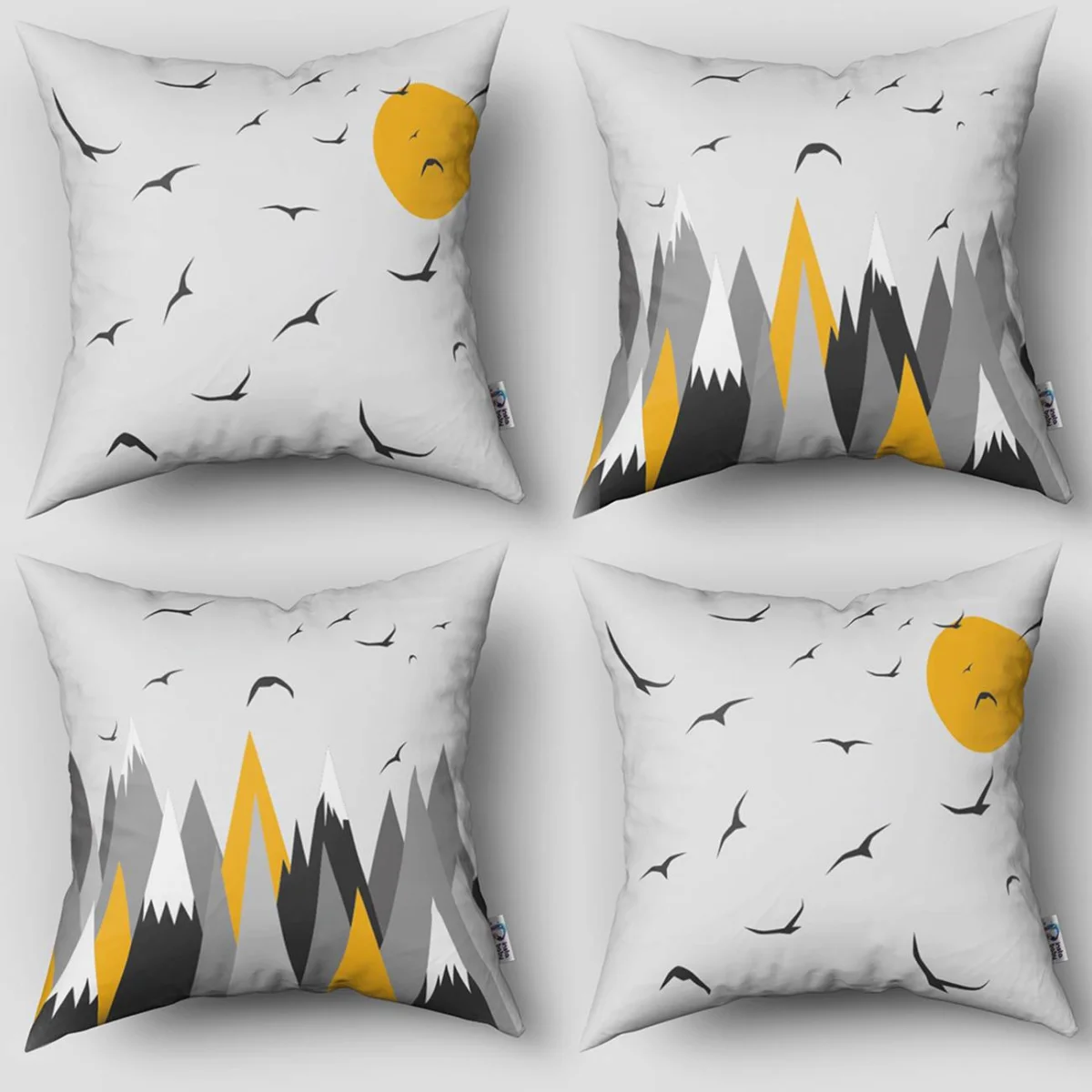 Dağ Manzarası ve Kuşlar 4lü Kırlent | Beyaz dağlar, kuşlar Desenli