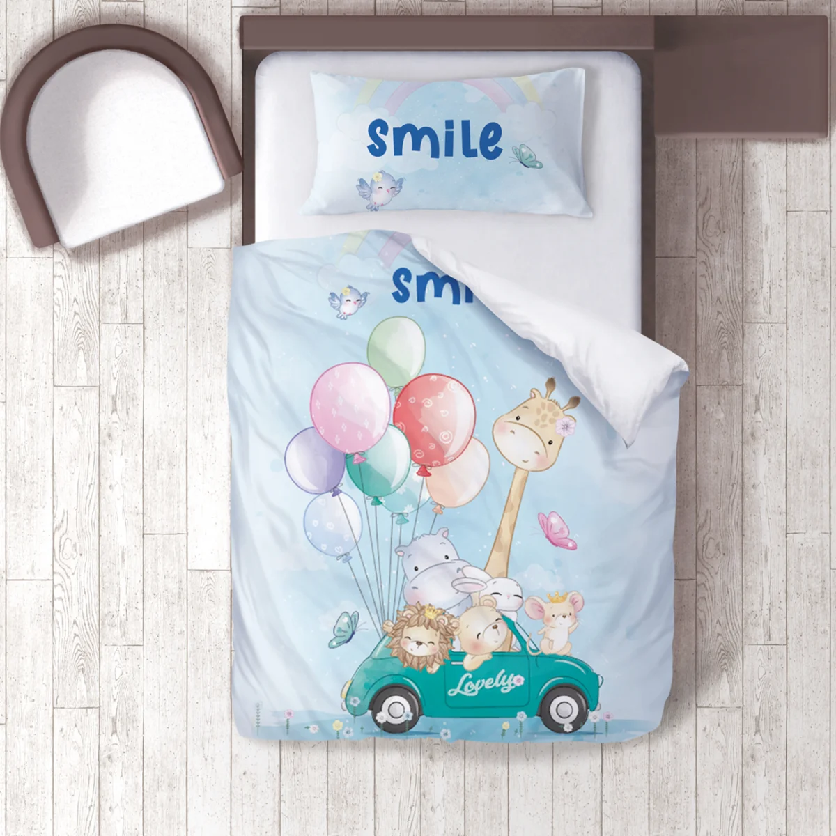 Sevimli Hayvanlar Nevresim Takımı | Mavi Balonlar, araba Desenli