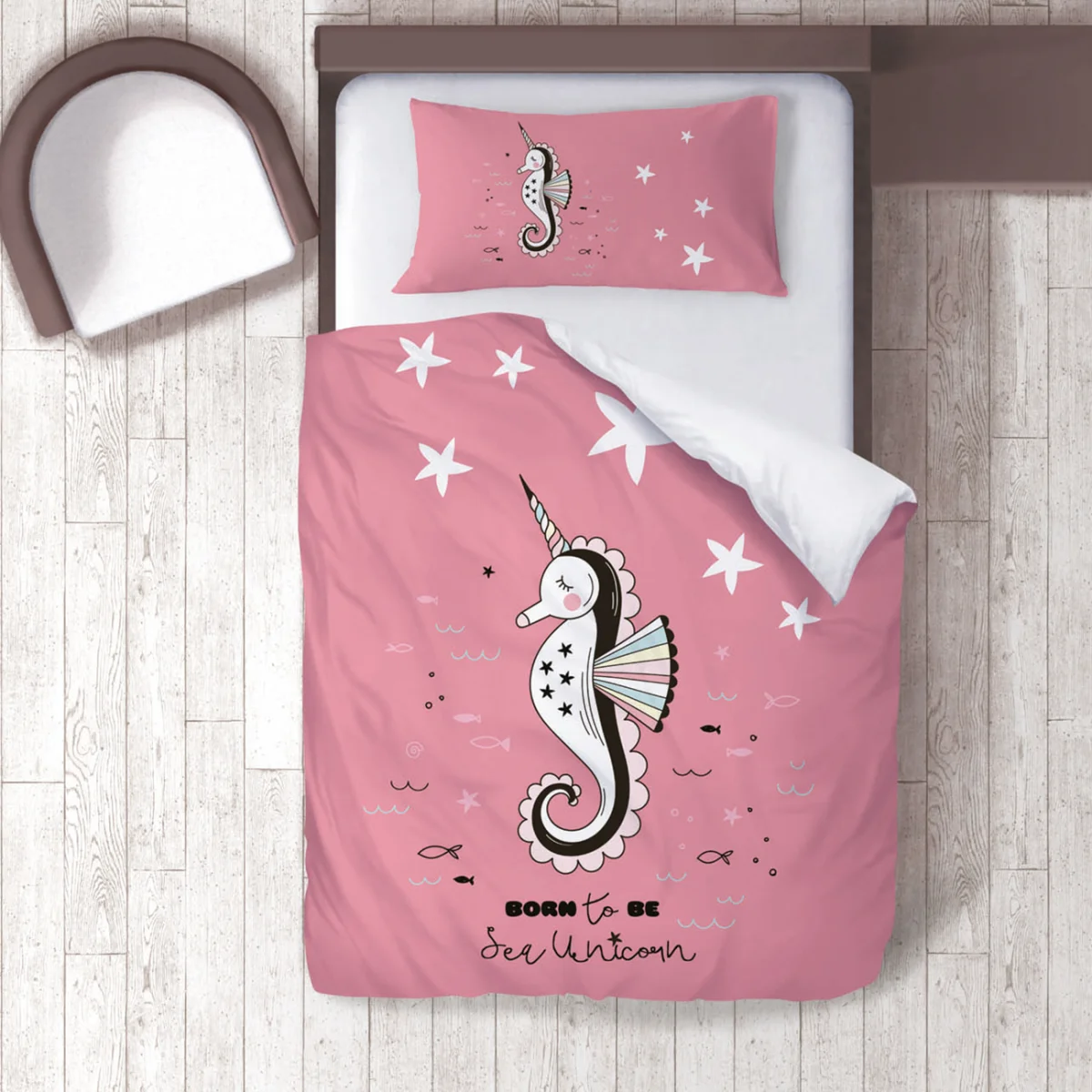 Deniz Unicornu Nevresim Takımı | Pembe yıldız, balık Desenli