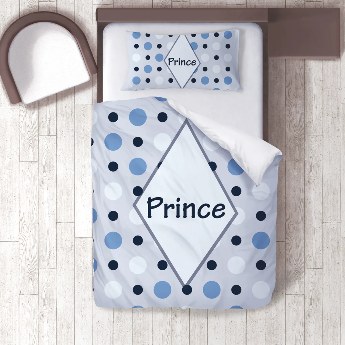 Prens Nevresim Takımı | Gri Mavi Puantiye, elmas çerçeve Desenli