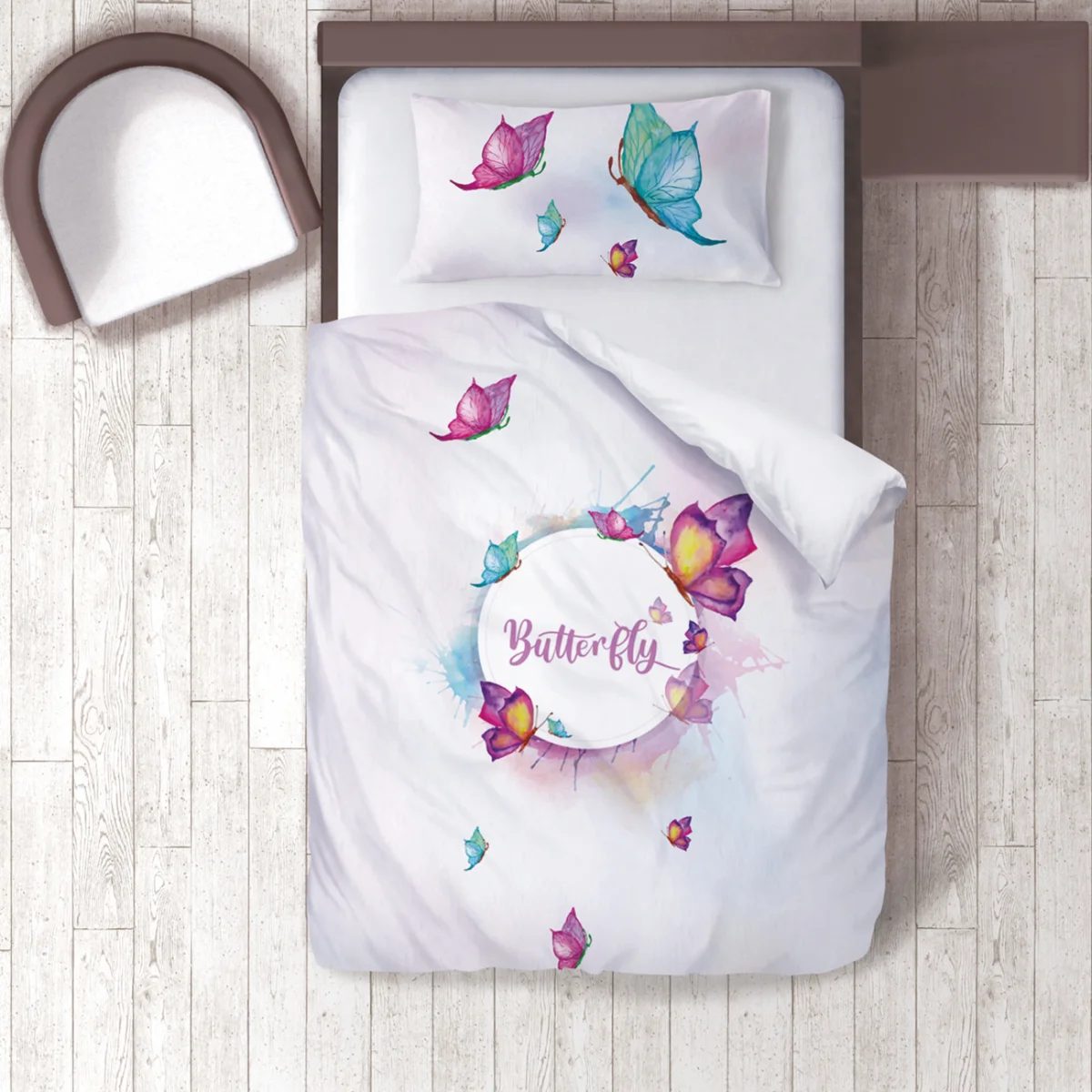 Kelebek Nevresim Takımı | Beyaz farklı renklerde kelebekler, sulu boya sıçramaları Desenli