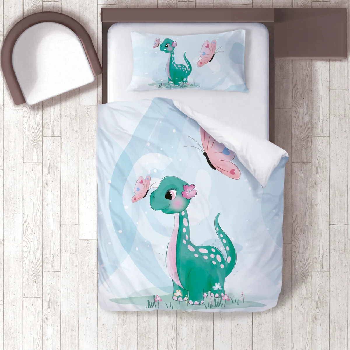 Dinozor Nevresim Takımı | Mavi kelebekler, çiçekler Desenli