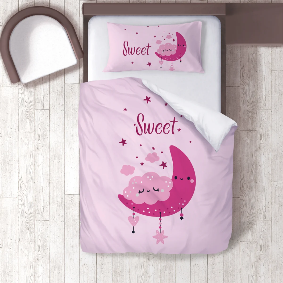 Ay ve Bulutlar Nevresim Takımı | Pembe yıldız, bulut Desenli