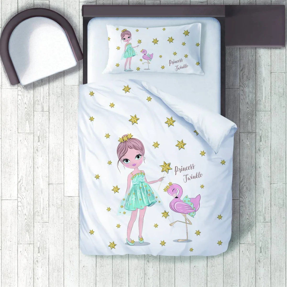 Prenses ve Flamingo Nevresim Takımı | Beyaz Yıldızlar, Princess Twinkle yazısı Desenli