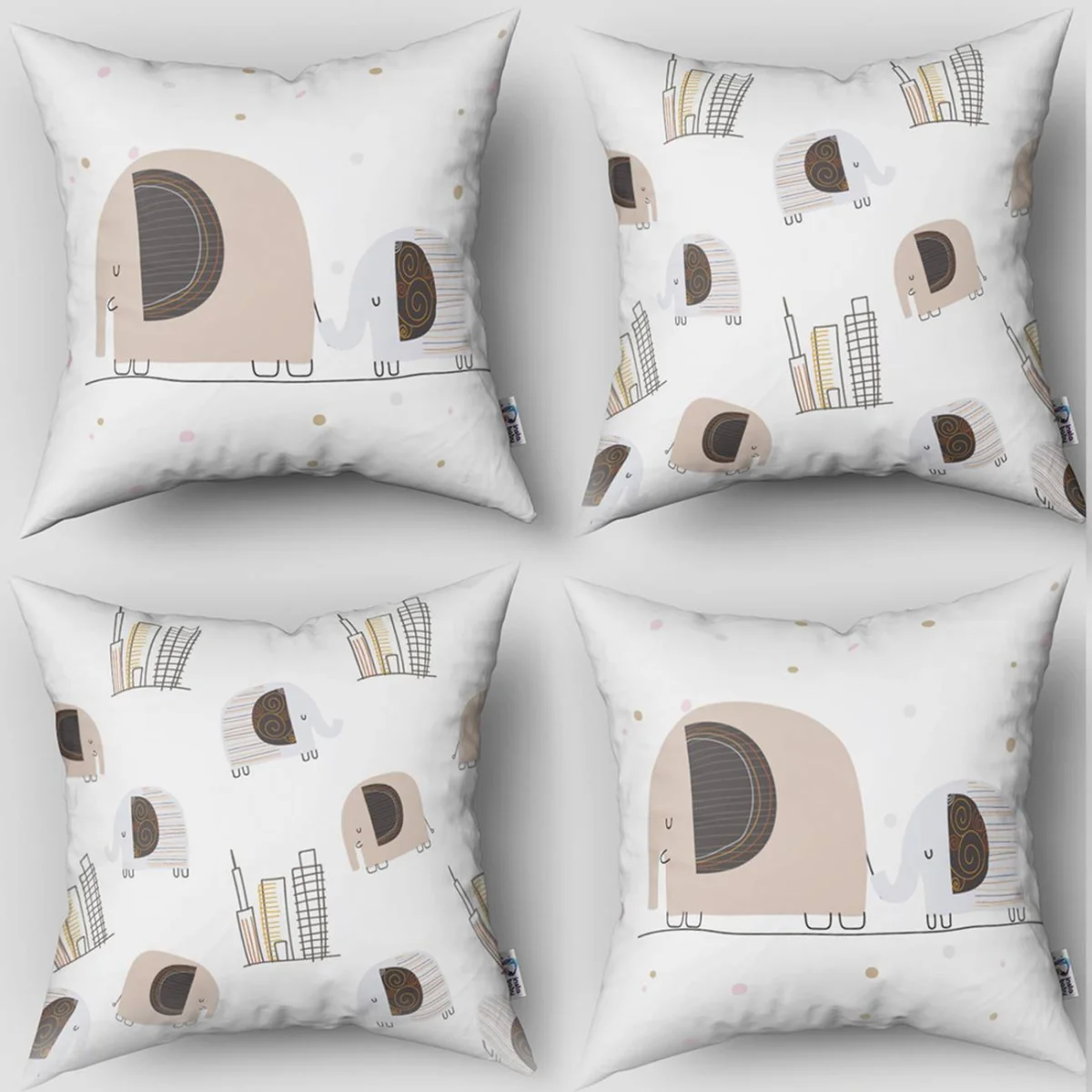 Şehirli Filler 4lü Kırlent | Beyaz pembe ve altın rengi puantiyeler, şehir binaları Desenli