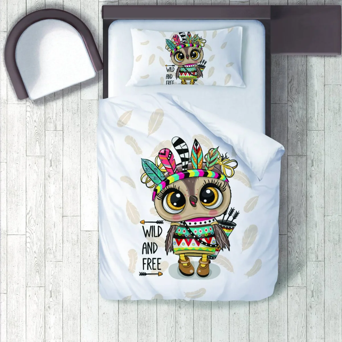 Yerli Baykuş Nevresim Takımı | Beyaz Tüy desenleri, Wild And Free yazısı Desenli