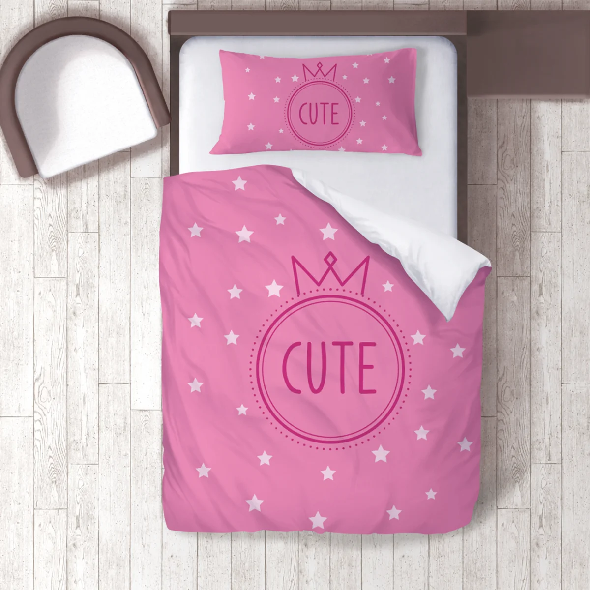 Prenses tacı Nevresim Takımı | Pembe yıldız, sevimli yazı Desenli