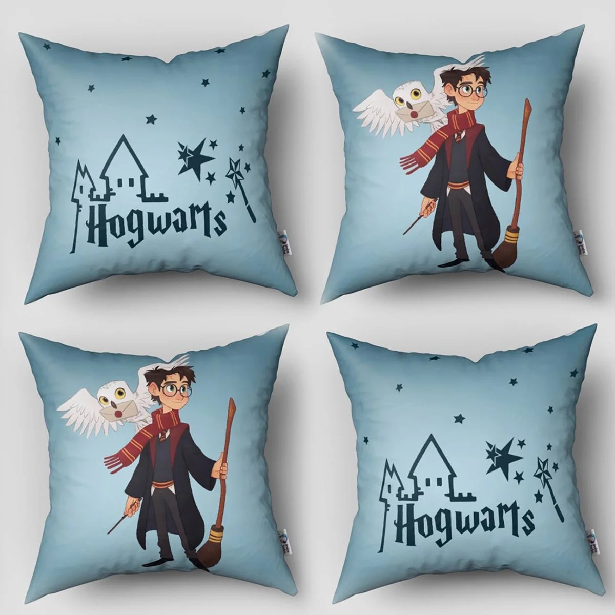 Harry Potter 4lü Kırlent | Mavi yıldızlar, Hogwarts şato Desenli