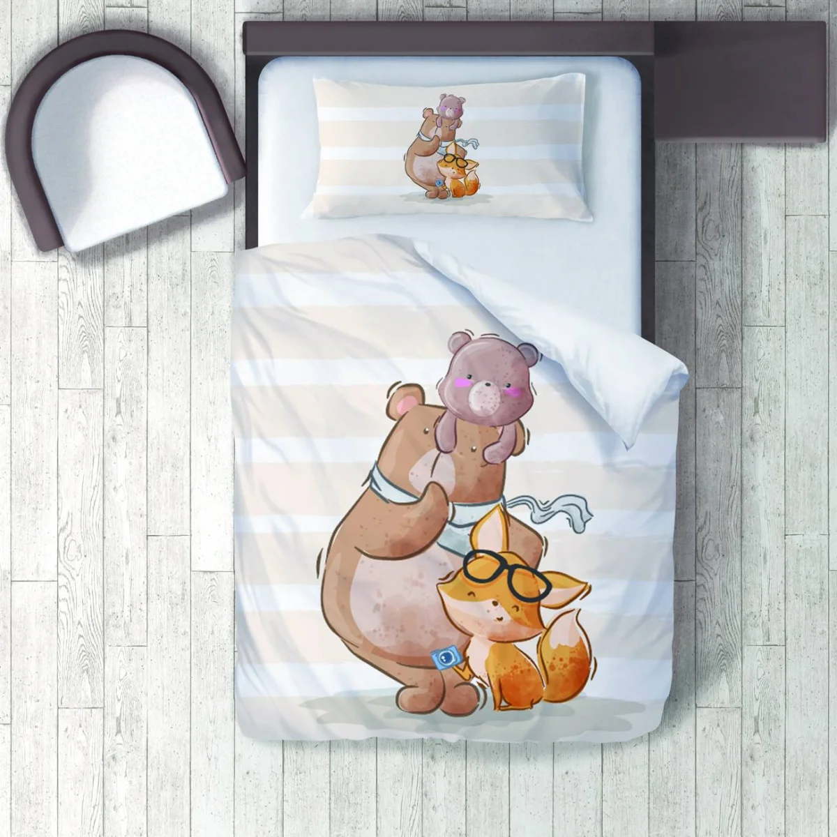 Orman Hayvanları Nevresim Takımı | Bej Çizgili zemin, gözlük Desenli