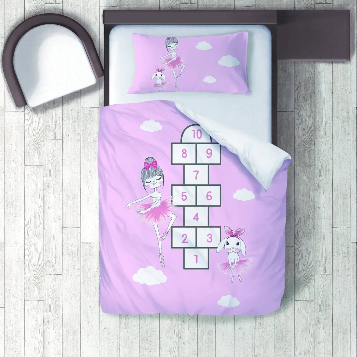 Balerin ve Tavşan Nevresim Takımı | Pembe bulut, sayı Desenli