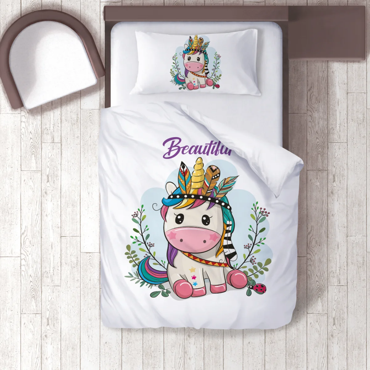 Unicorn Nevresim Takımı | Beyaz Yapraklar, bulut Desenli