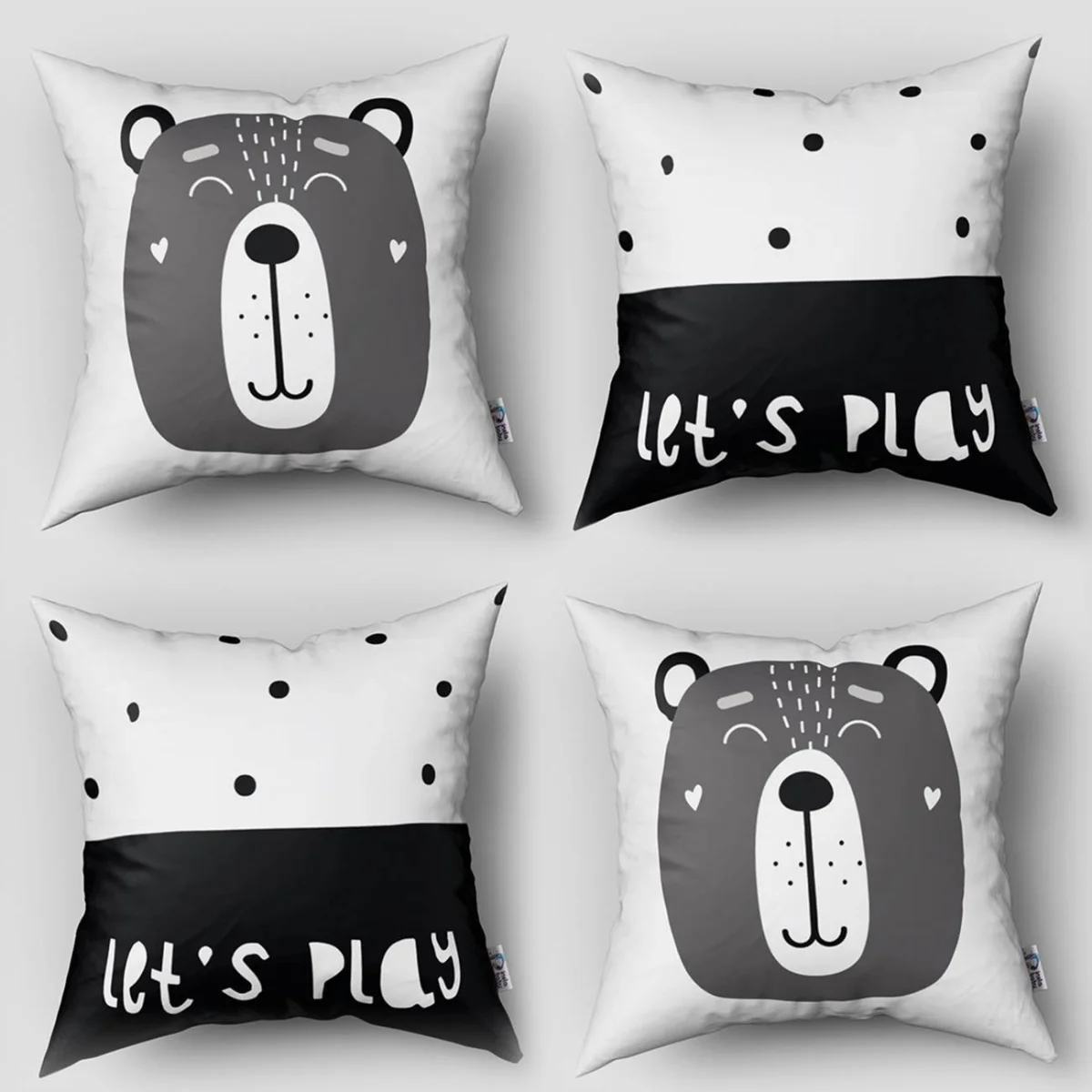 Kral Ayı 4lü Kırlent | Beyaz taç, Let's Play yazısı Desenli