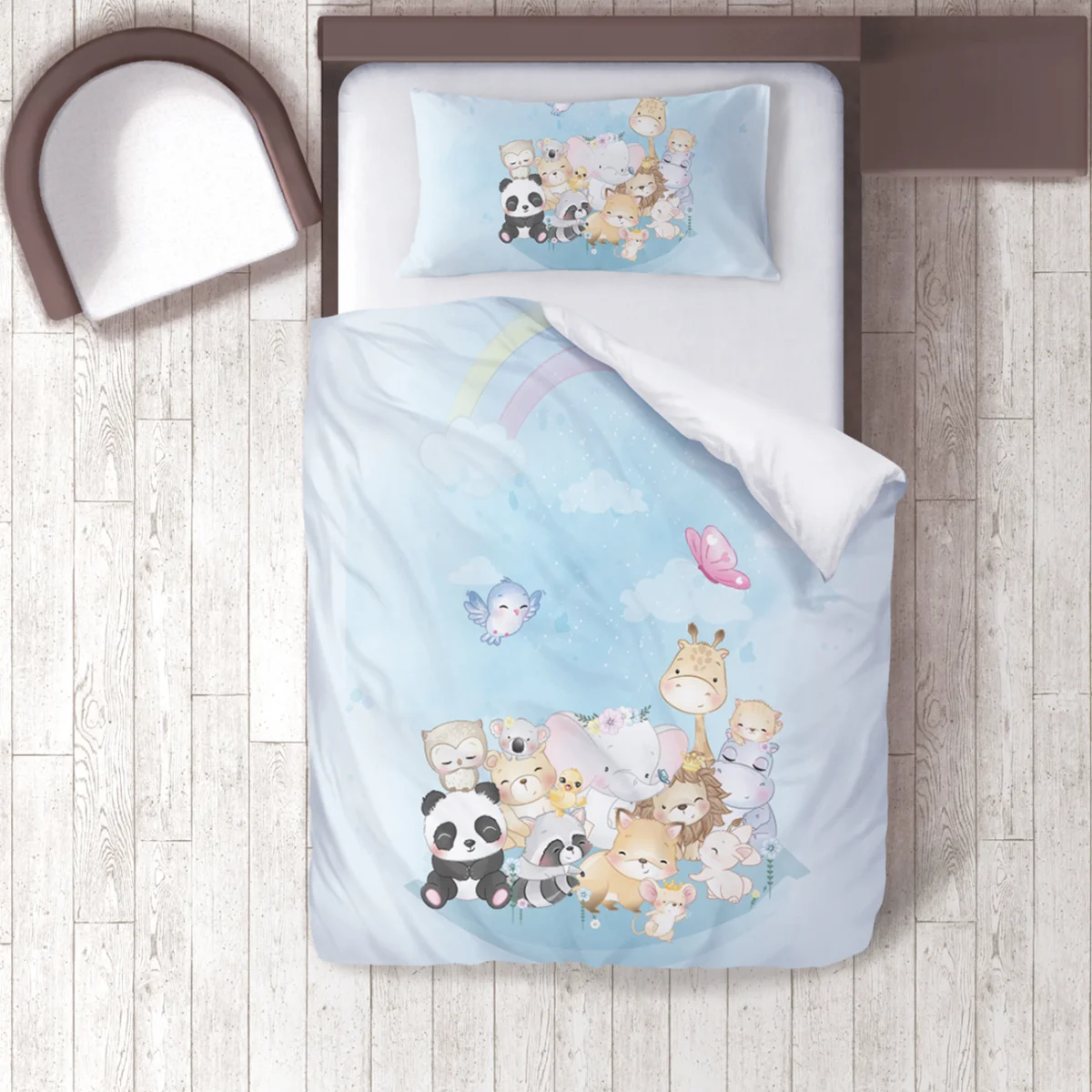 Orman Hayvanları Nevresim Takımı | Mavi gökkuşağı, bulutlar Desenli