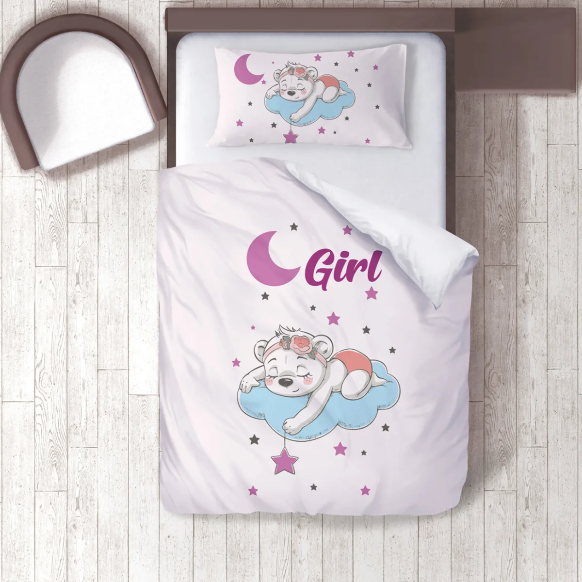 Uyuyan Ayıcık Nevresim Takımı | Lila yıldız, bulut Desenli