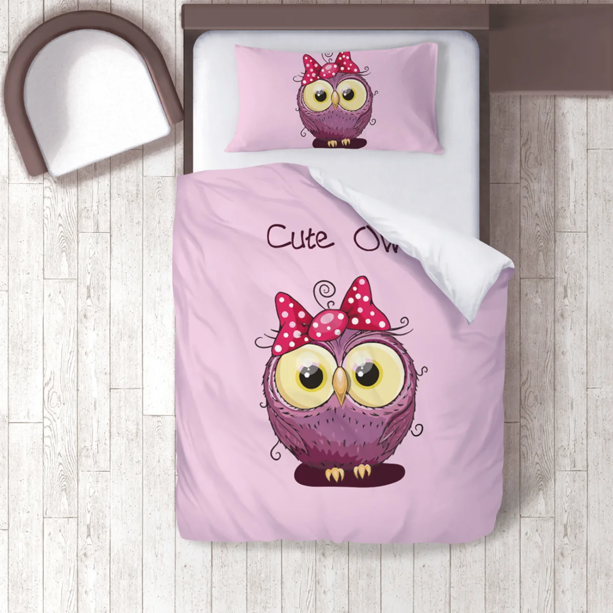 Baykuş Nevresim Takımı | Pembe sevimli mor baykuş, puantiyeli fiyonk Desenli