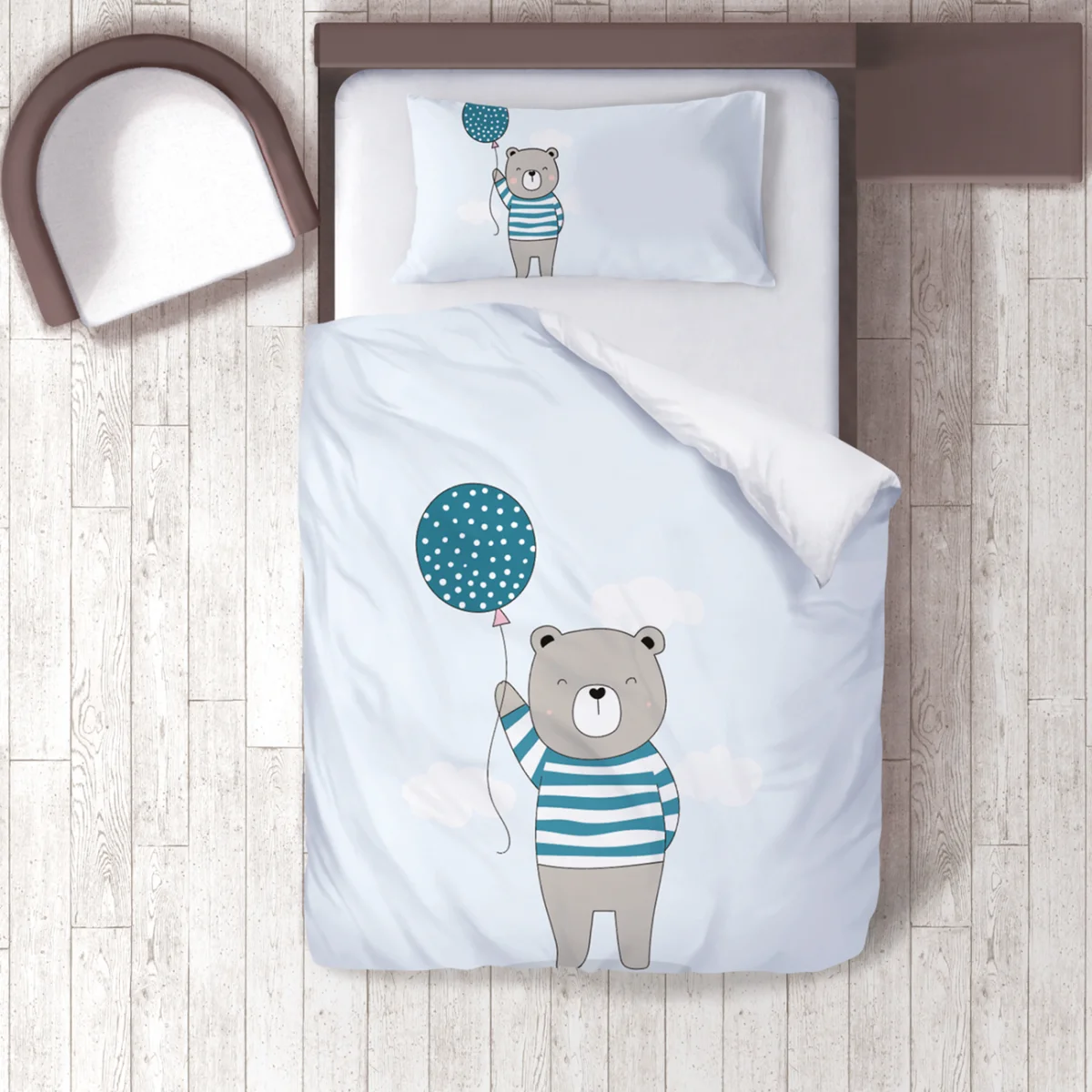 Ayıcık Nevresim Takımı | Mavi bulutlar, balon Desenli