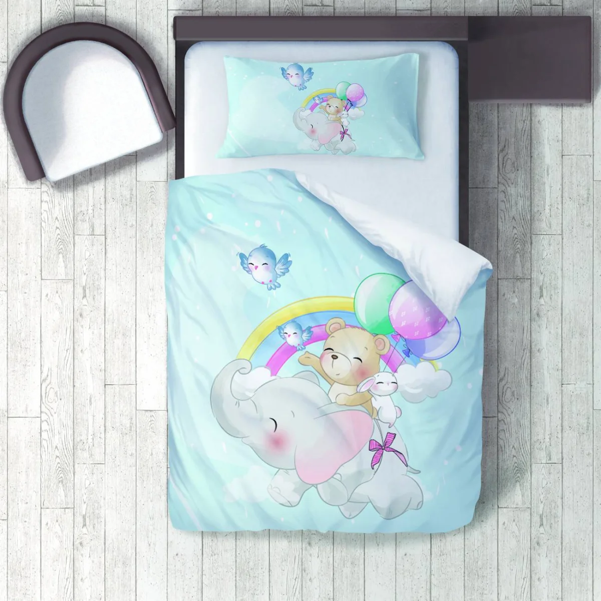 Sevimli Hayvanlar Nevresim Takımı | Mavi bulut, gökkuşağı Desenli