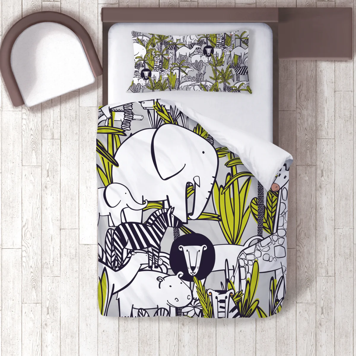 Orman Hayvanları Nevresim Takımı | Gri tropikal yapraklar, bitkiler Desenli