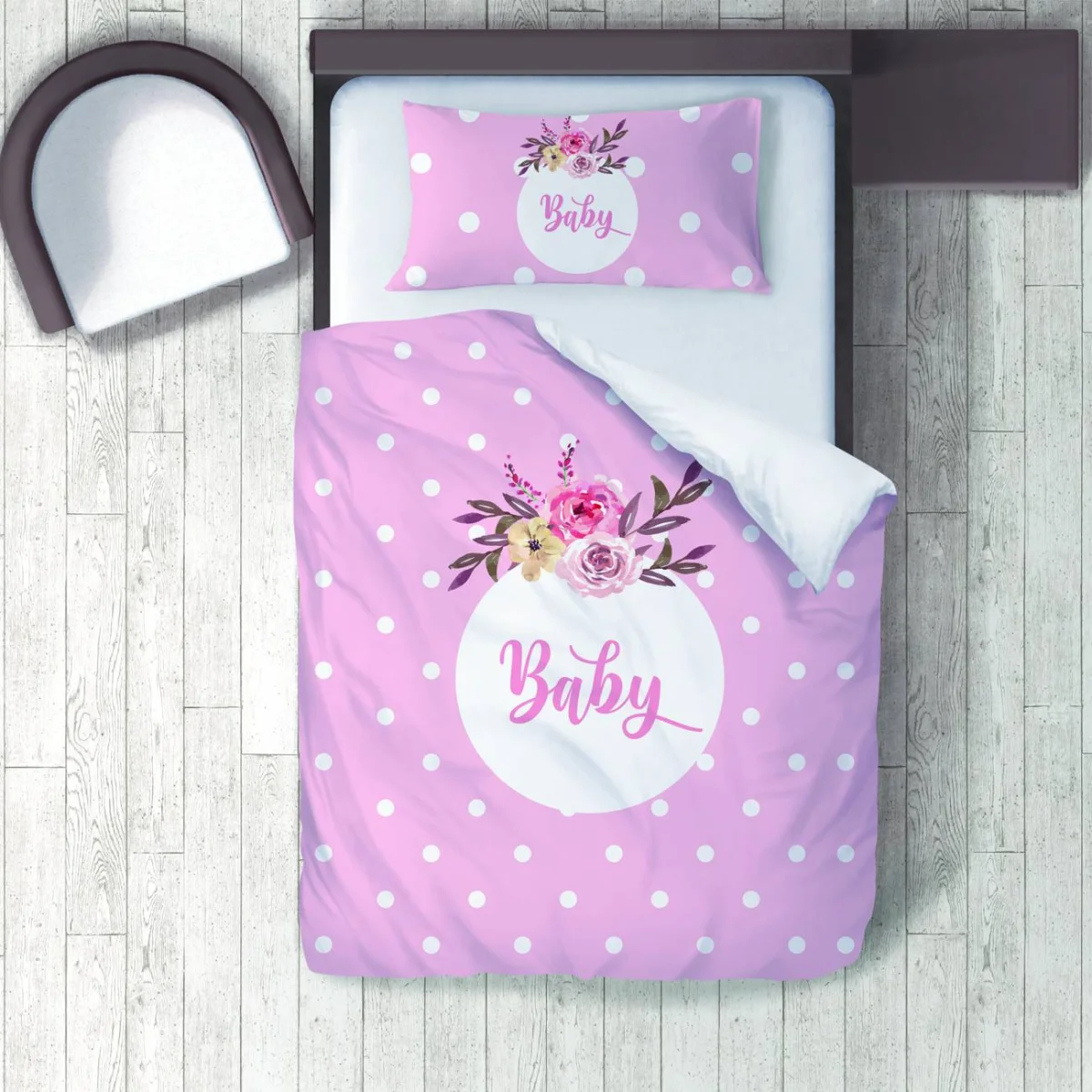 Çiçekli Baby Nevresim Takımı | Pembe beyaz puantiye, çiçekler Desenli