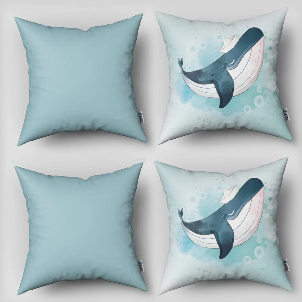 Balina 4lü Kırlent | Açık Mavi Baloncuklar, kağıt gemi Desenli