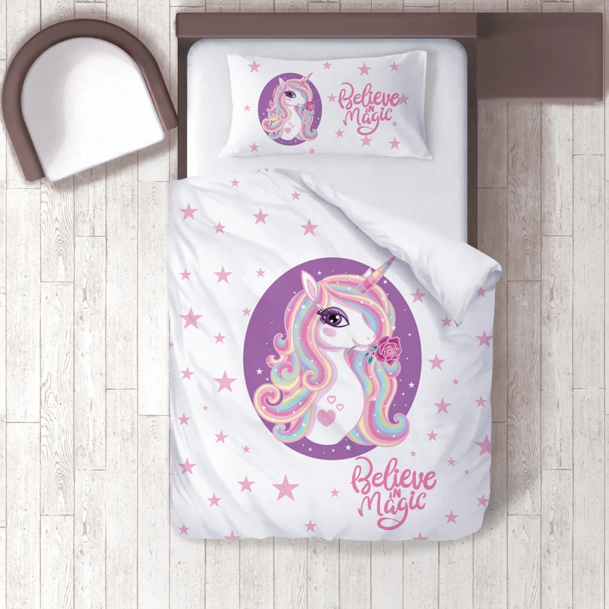 Unicorn Nevresim Takımı | Beyaz yıldızlar, gökkuşağı Desenli