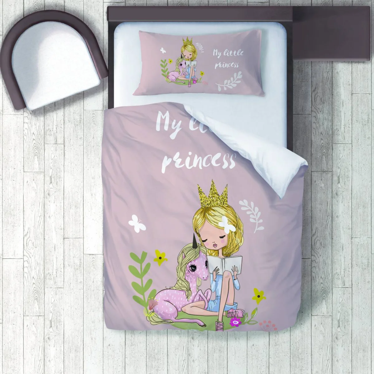 Prenses ve Unicorn Nevresim Takımı | Pembe Kelebekler, çiçekler Desenli