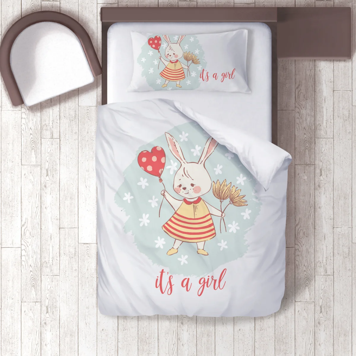 Sevimli Tavşan Nevresim Takımı | Beyaz küçük çiçekler, kalp balon Desenli