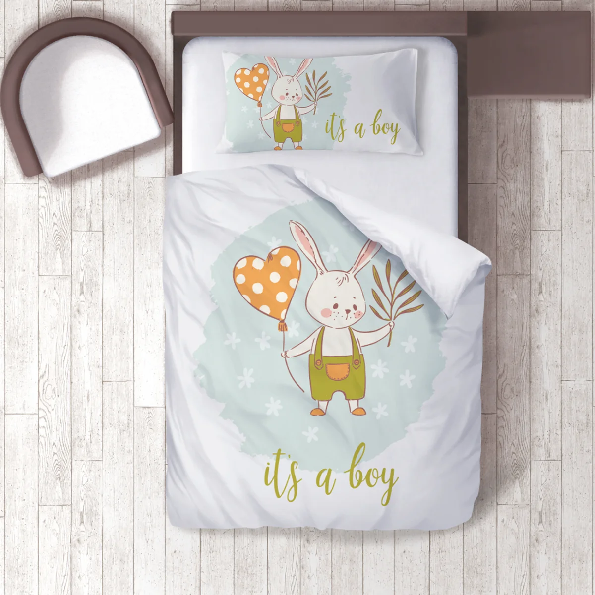 Tavşan Nevresim Takımı | Beyaz Kalpli balon, yapraklar Desenli