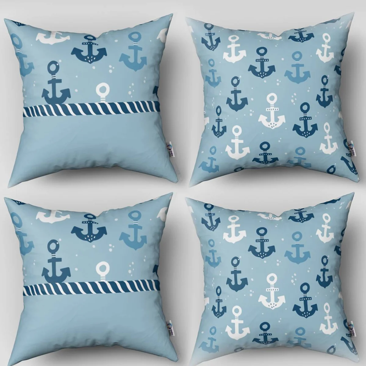 Çapa 4lü Kırlent | Mavi Halat deseni, beyaz noktalar Desenli