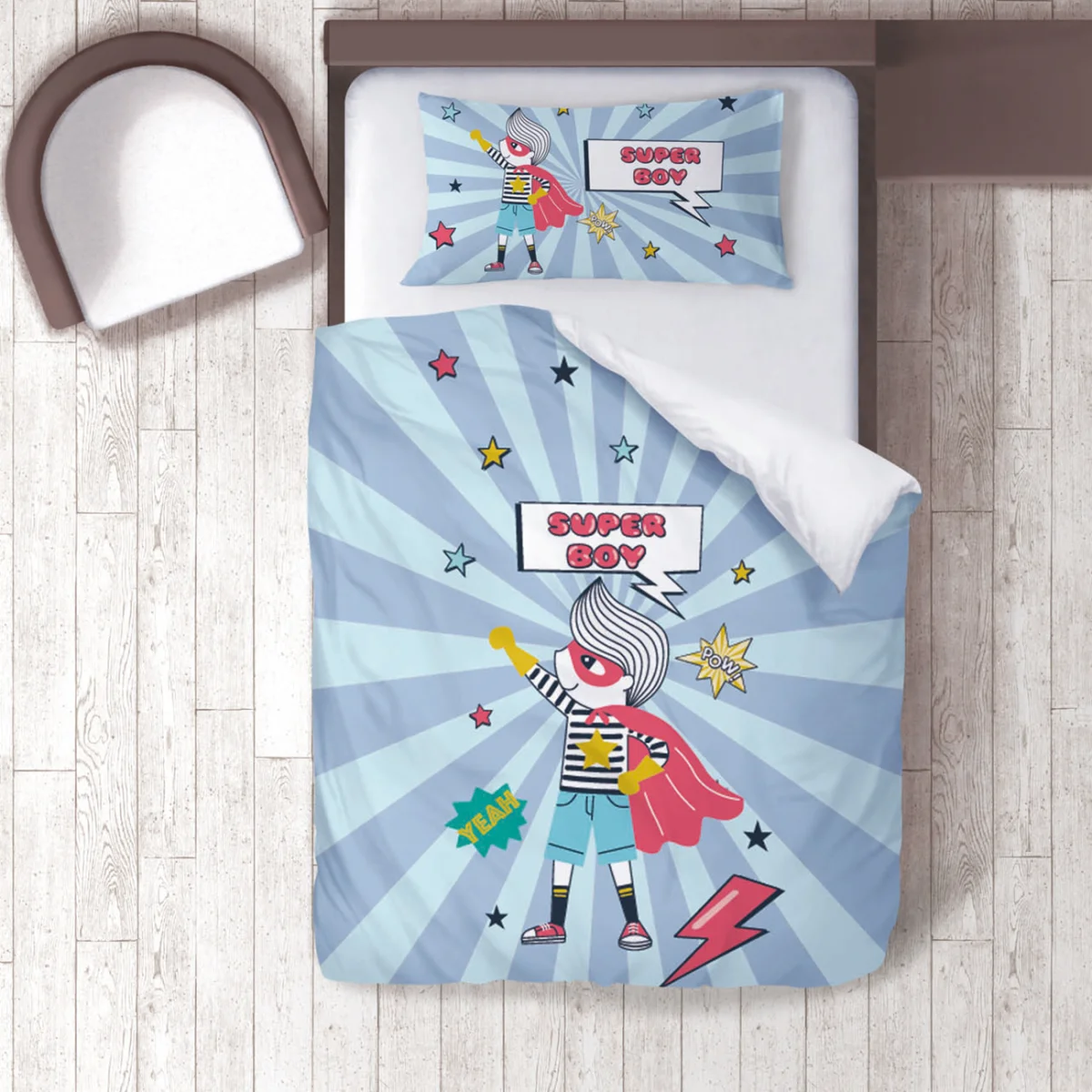 Süper Kahraman Nevresim Takımı | Mavi yıldızlar, şimşek Desenli