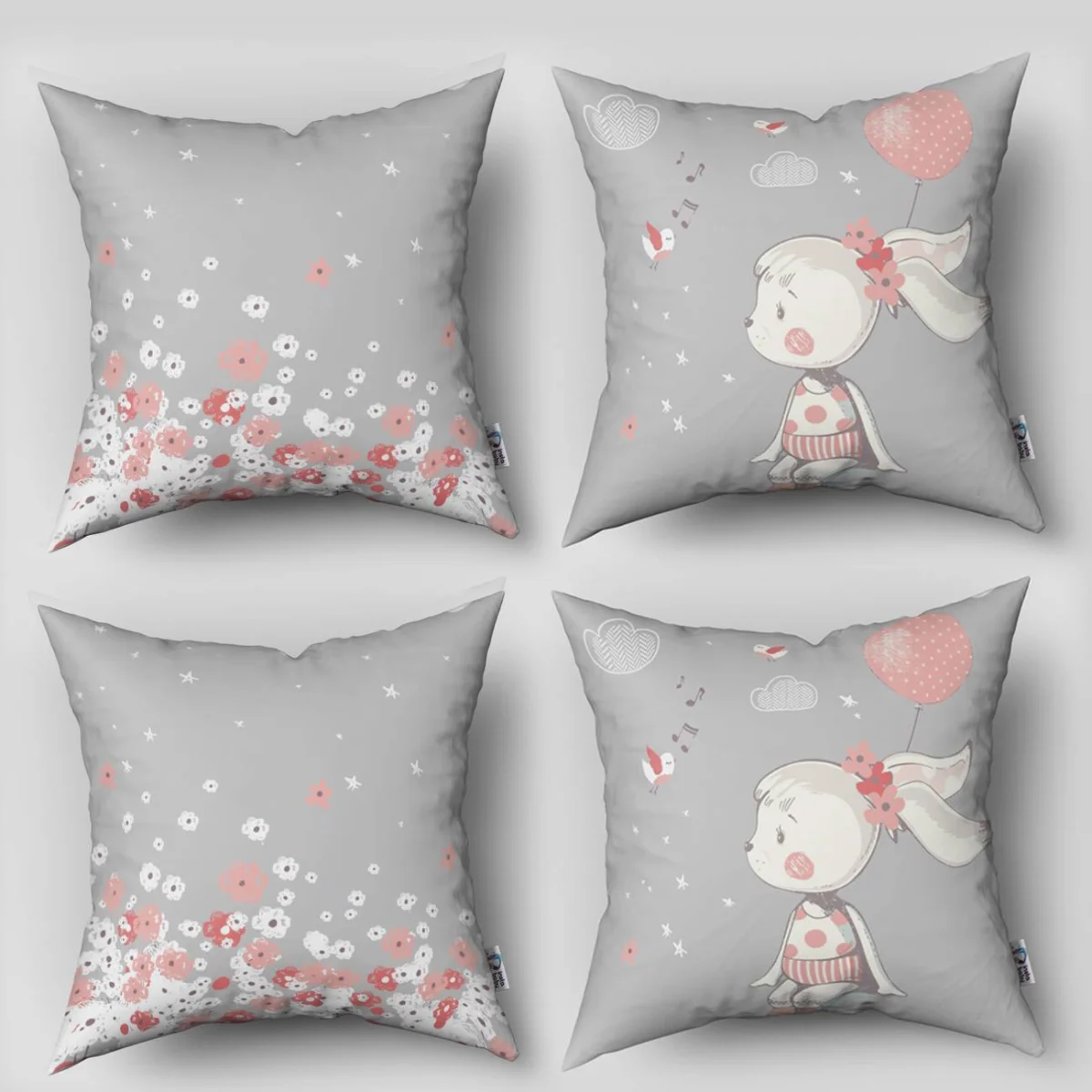 Tavşan ve Kuşlar 4lü Kırlent | Gri Bulut, yıldız Desenli