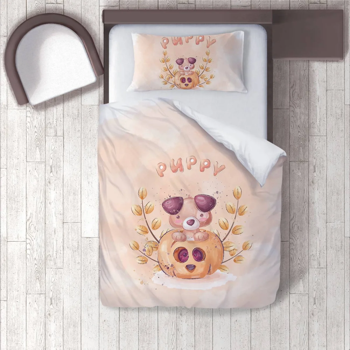 Köpek Yavrusu Nevresim Takımı | Şeftali balkabağı, sonbahar dalları Desenli