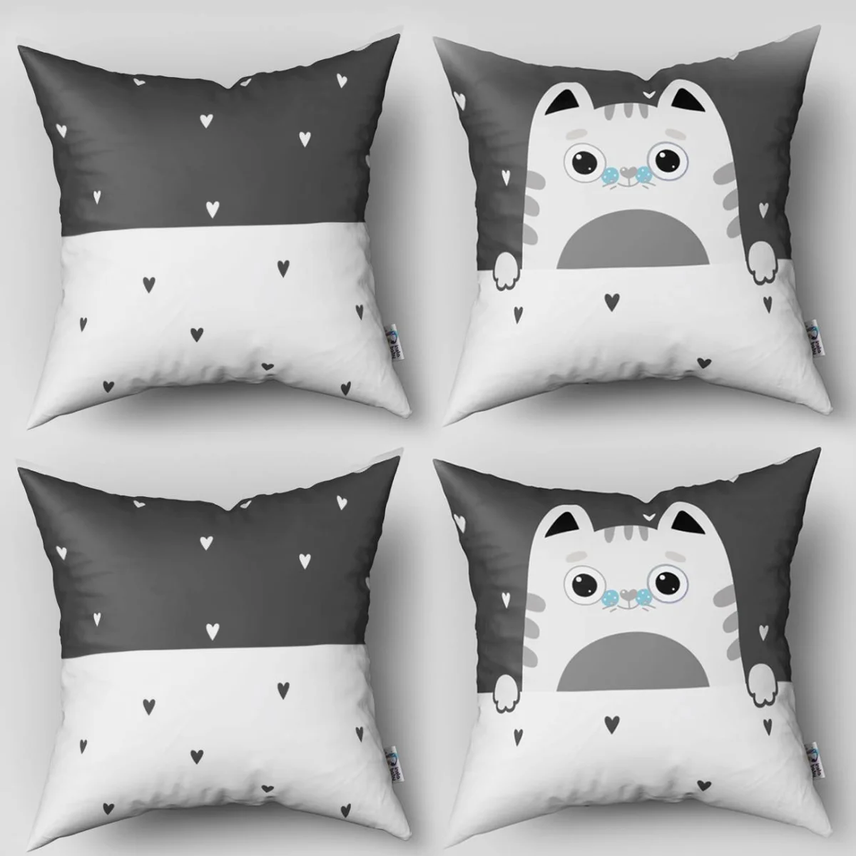 Kedi 4lü Kırlent | Beyaz kalp desenleri, kuşlar Desenli