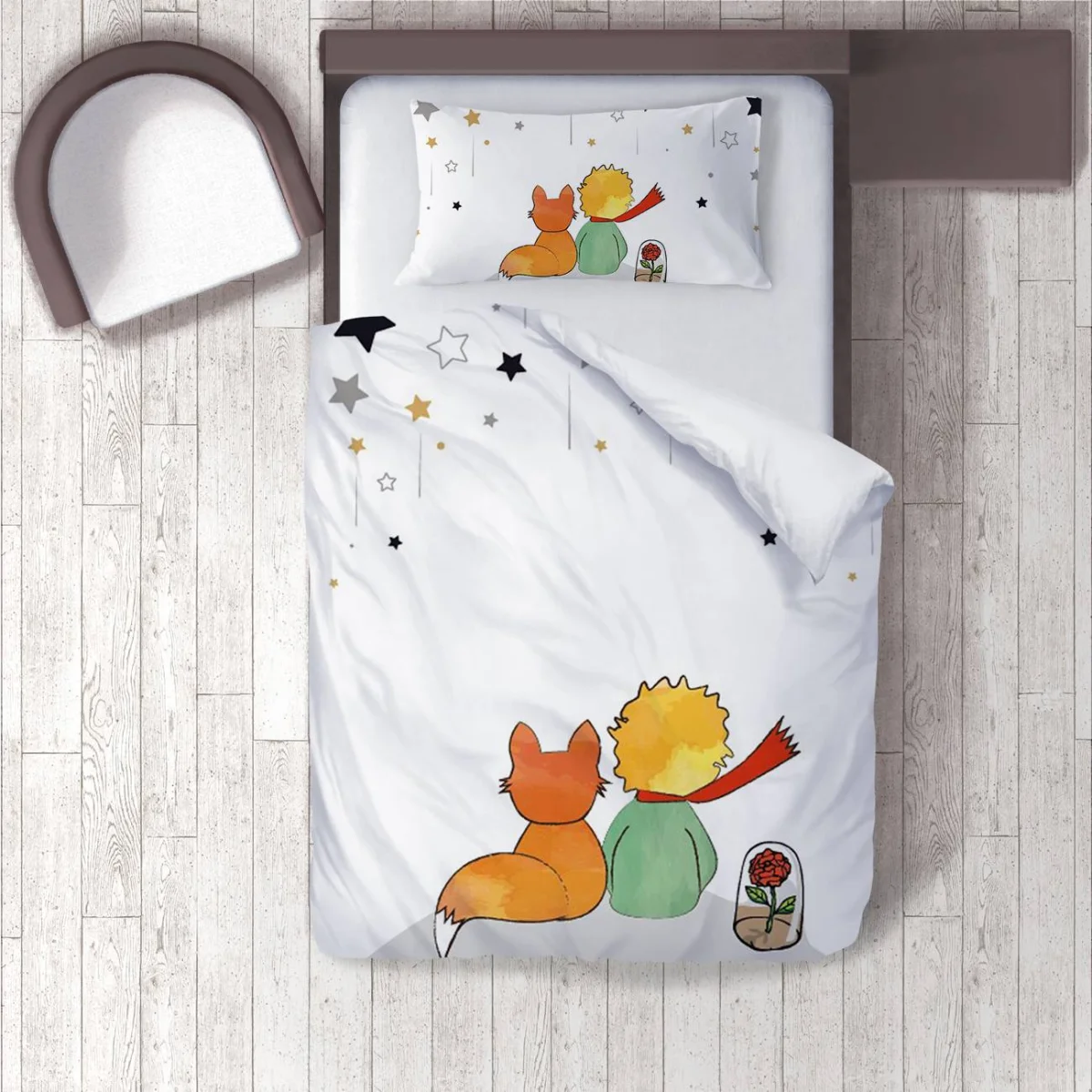 Küçük Prens, Tilki, Gül Nevresim Takımı | Beyaz yıldızlar, gri Desenli