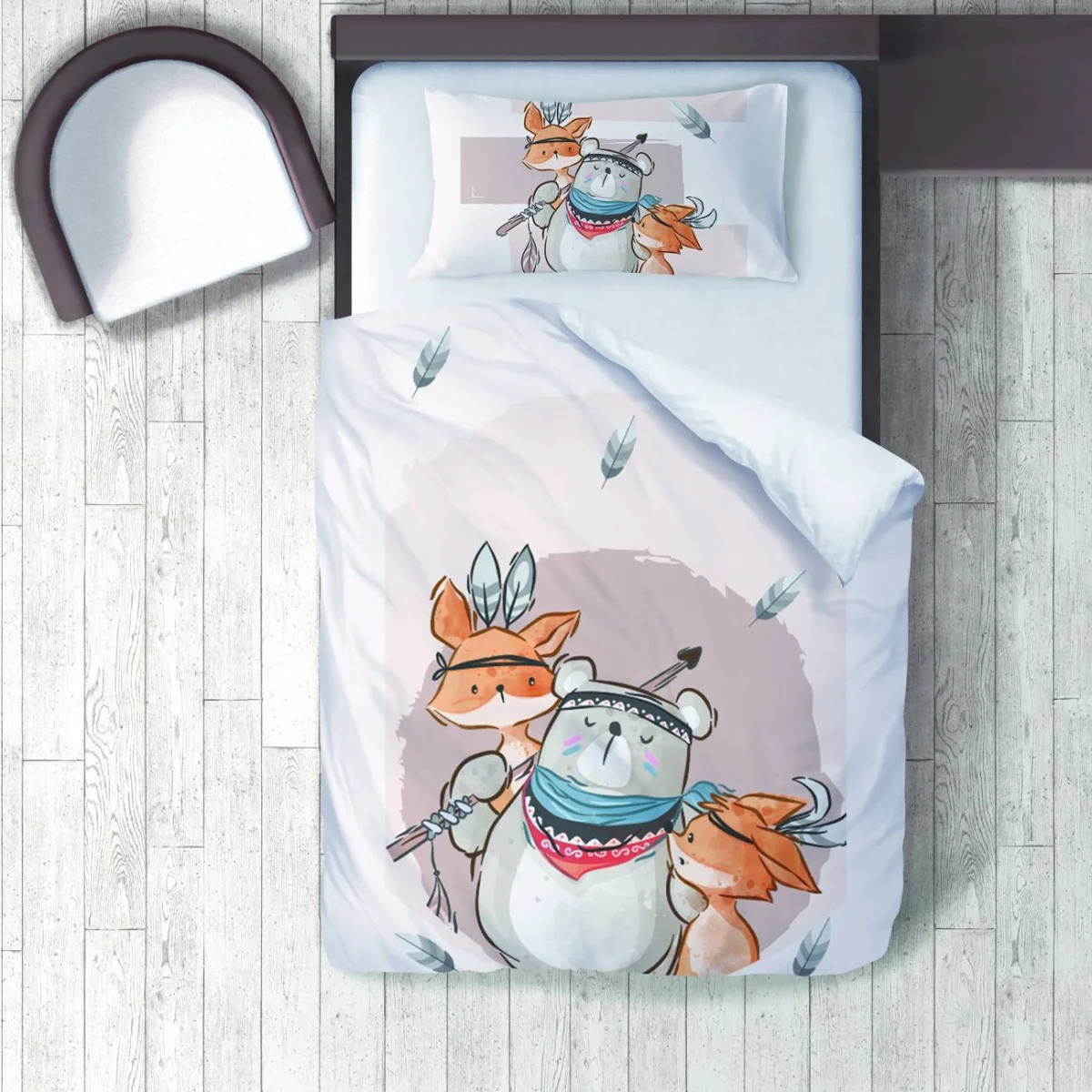 Orman Hayvanları Nevresim Takımı | Beyaz tüyler, ok Desenli