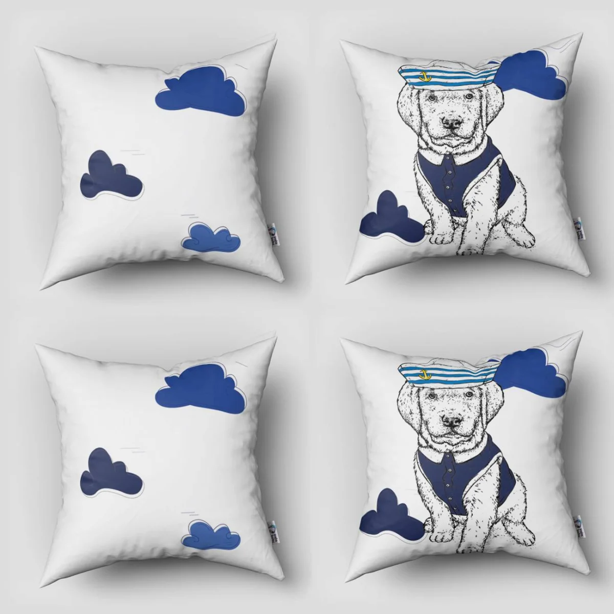Denizci Yavru Köpek 4lü Kırlent | Beyaz mavi bulutlar, çapa Desenli