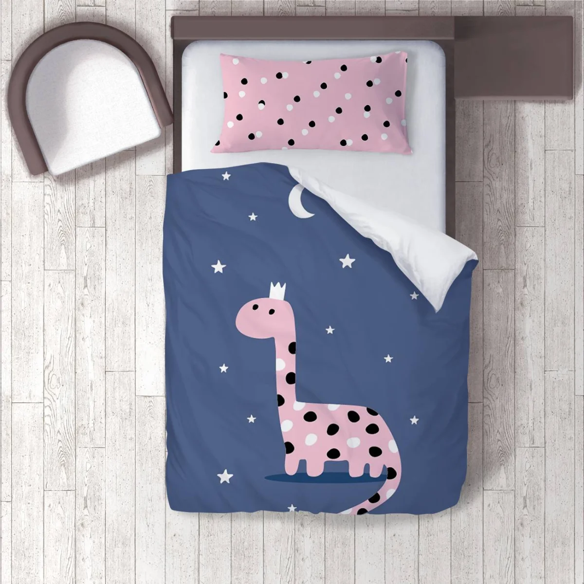 Taçlı Dinozor Nevresim Takımı | Mavi ay, yıldız Desenli