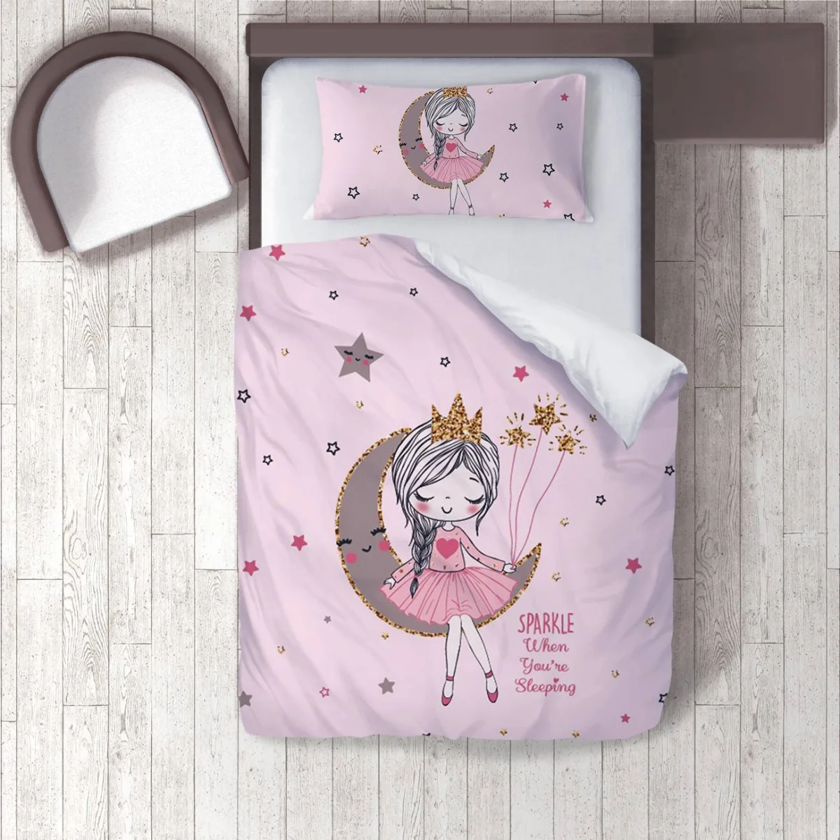 Peri kız ve ay Nevresim Takımı | Pembe yıldızlar, pırıltılar Desenli