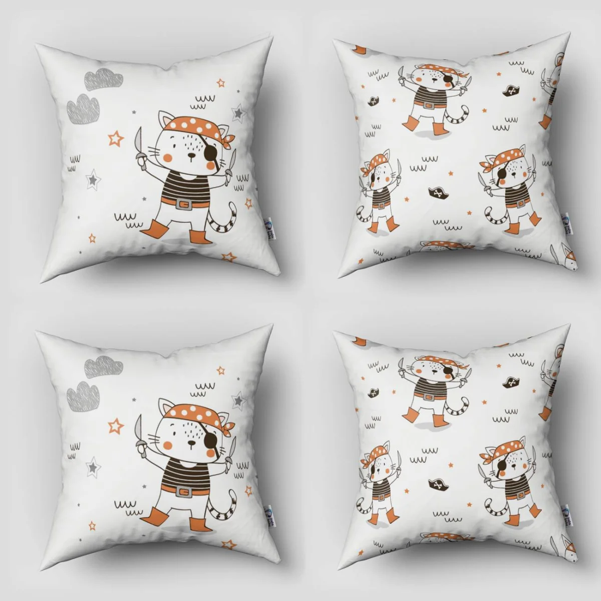 Korsan Kedi 4lü Kırlent | Beyaz yıldızlar, bulutlar Desenli