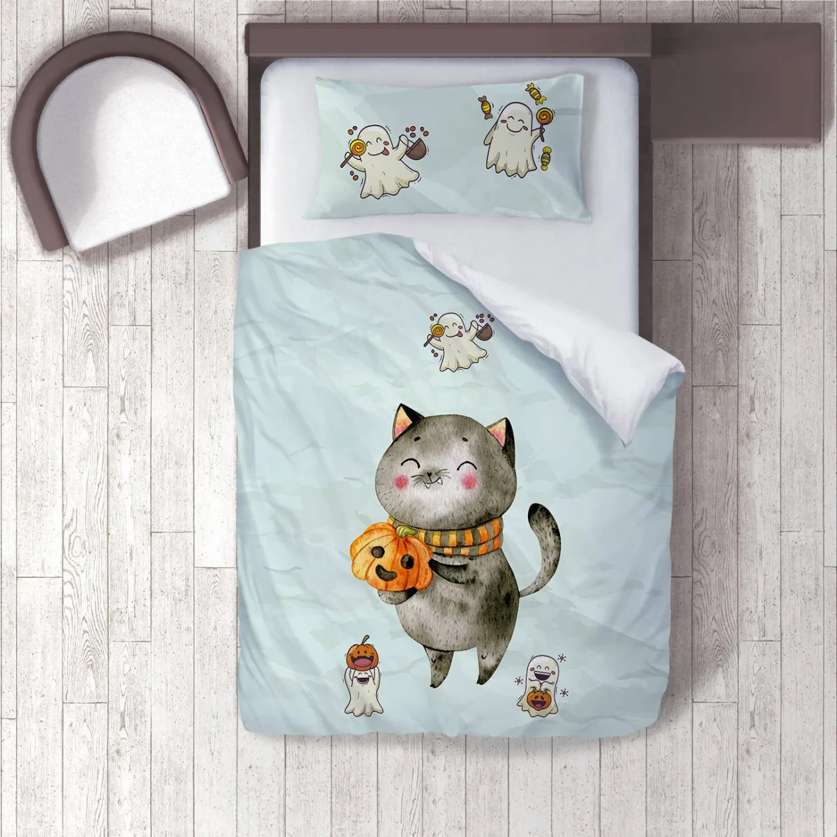 Kedi ve Hayaletler Nevresim Takımı | Açık Mavi Kedi, hayaletler Desenli