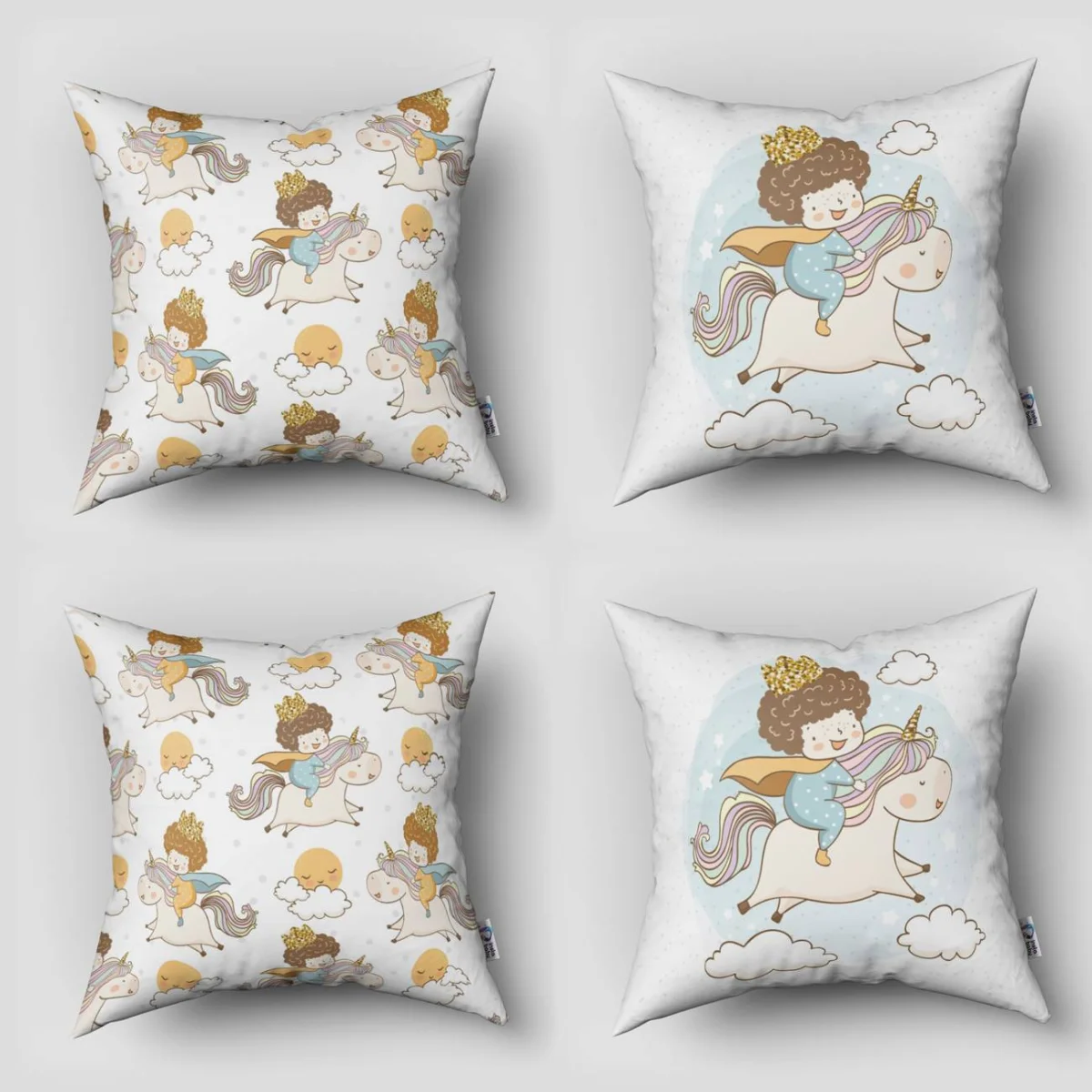 Unicorn 4lü Kırlent | Beyaz yıldız, bulut Desenli