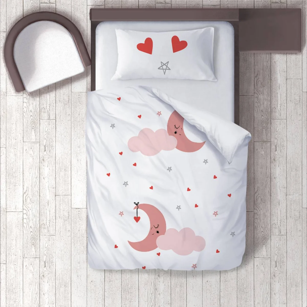 Ay ve Bulut Nevresim Takımı | Beyaz pembe ay, bulut Desenli