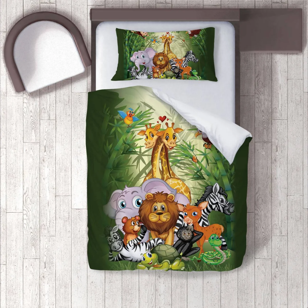 Orman Hayvanları Nevresim Takımı | Yeşil bambu ormanı, kalpler Desenli