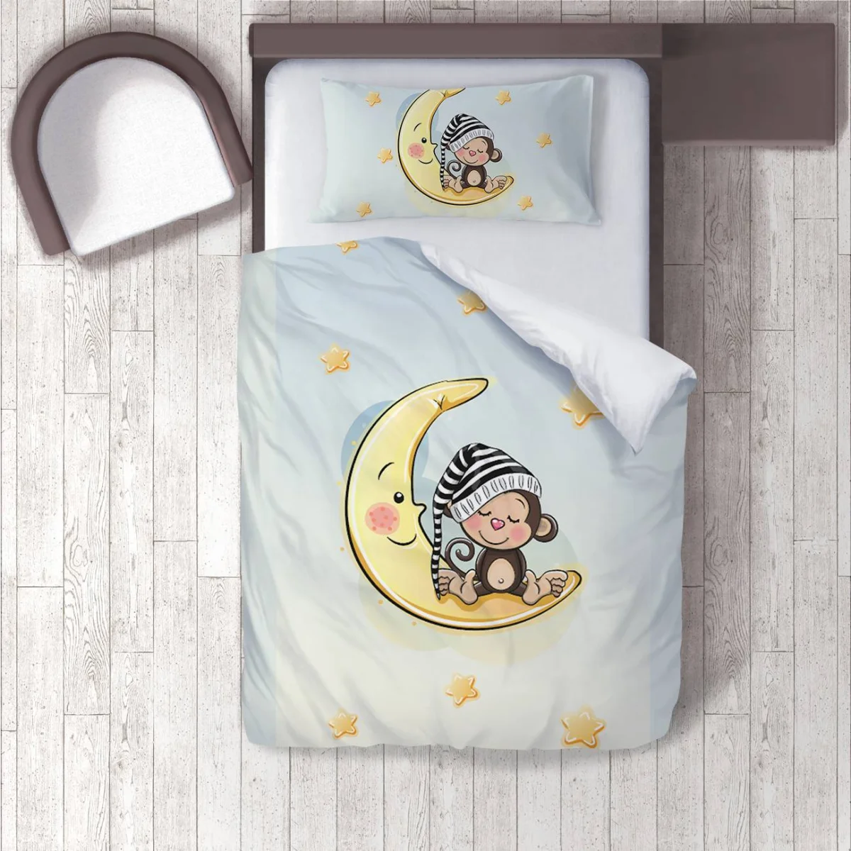 Ay ve Maymun Nevresim Takımı | Mavi yıldız, ay Desenli