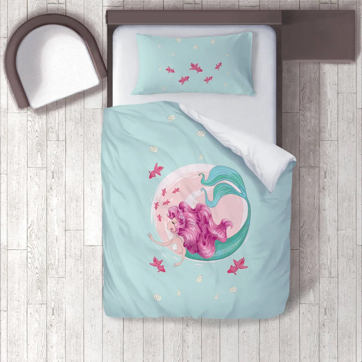 Deniz Kızı Nevresim Takımı | Mavi pembe balıklar, deniz kabukları Desenli