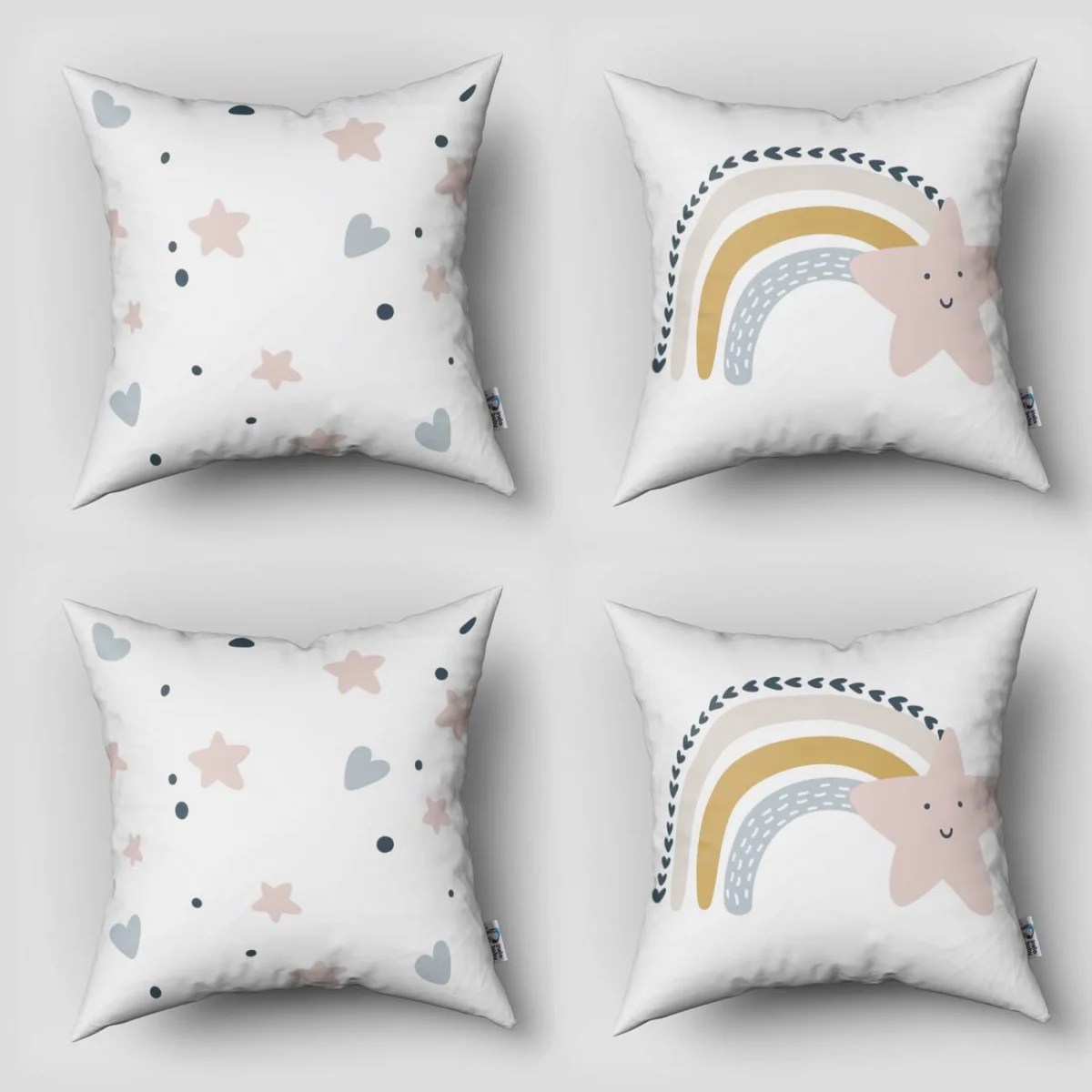 Gökkuşağı ve Yıldızlar 4lü Kırlent | Beyaz gökkuşağı, yıldızlar Desenli