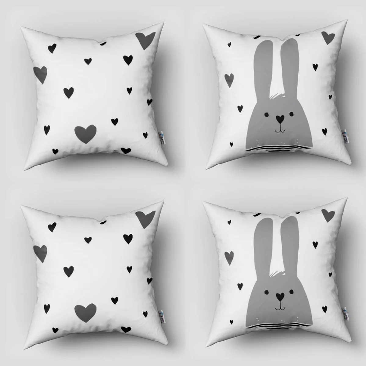 Tavşan 4lü Kırlent | Beyaz kalp desenleri Desenli